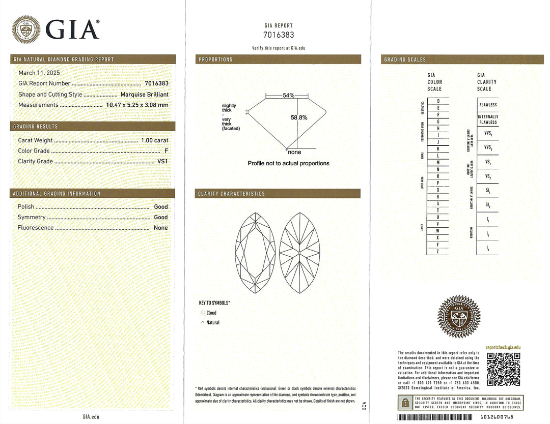 1.00 Carat Marquise Brilliant Cut VS1 F GIA