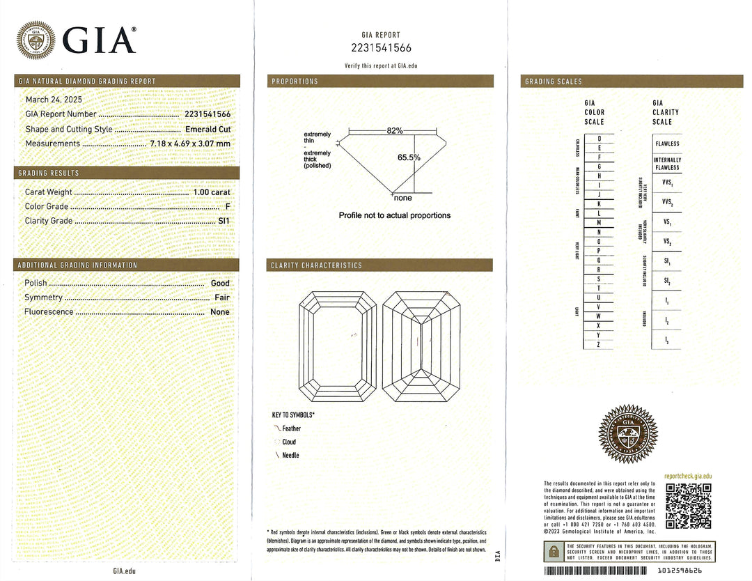 1.00 Carat Emerald Cut Diamond SI1 F GIA