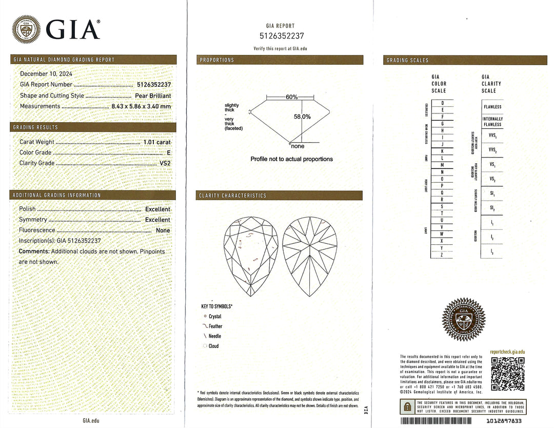 1.01 Carat VS2 E Pear Brilliant Cut Diamond GIA