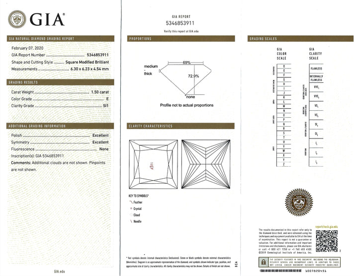 1.50 Carat E SI1 Princess Cut Diamond Platinum Ring