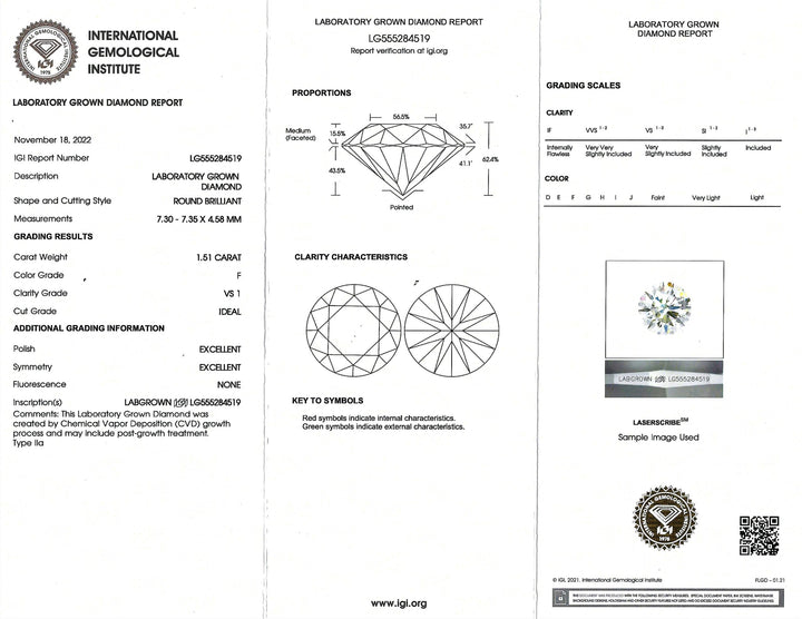 1.51 Carat VS1 F Lab Grown RBC Diamond IGI 14K WG Diamond Ring