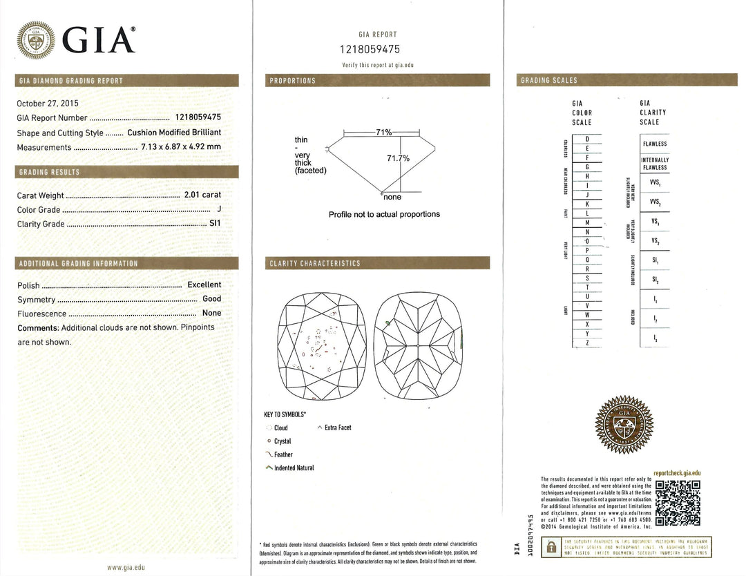 2.01 Carat SI1 J Cushion Modified Brilliant GIA