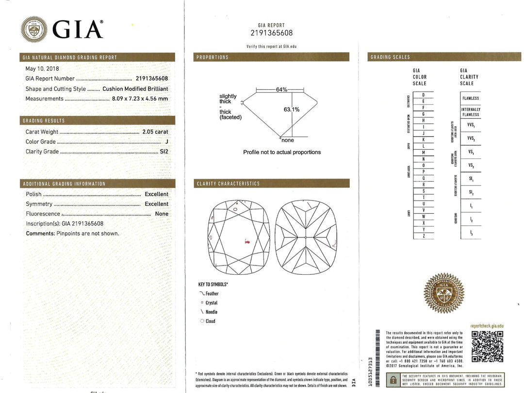 2.05 Carat SI2 J Cushion Brilliant Cut GIA Diamond