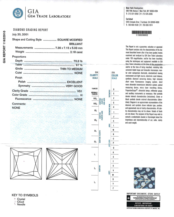 2.18 Carat Princess Cut VS1 H GIA Diamond Platinum Ring