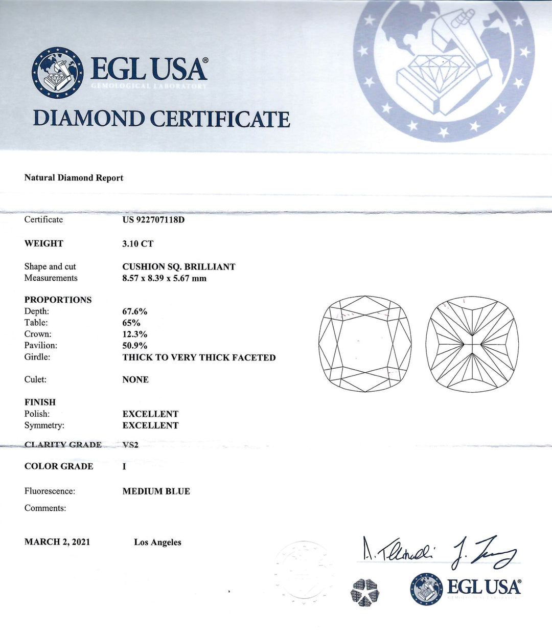 3.10 Carat VS2 I Cushion Square Brilliant Cut EGL USA