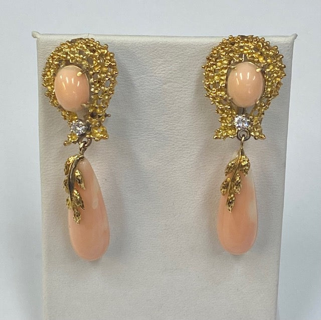 Angel Skin Coral Diamond 18K Yellow Gold Drop Earrings