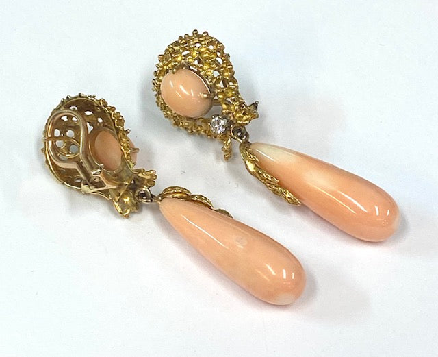 Angel Skin Coral Diamond 18K Yellow Gold Drop Earrings