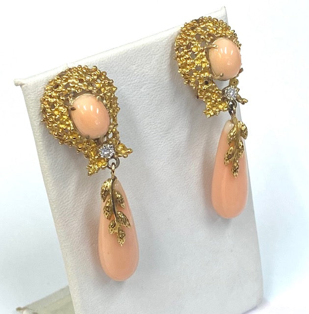 Angel Skin Coral Diamond 18K Yellow Gold Drop Earrings