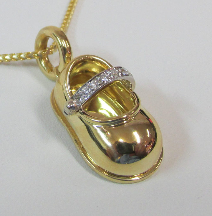 Aaron Basha Diamond 18K Yellow Gold Baby Shoe & Chain