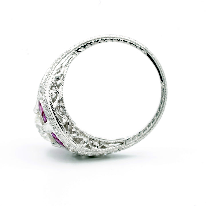 Art Deco Design Diamond Ruby 18K White Gold Ring