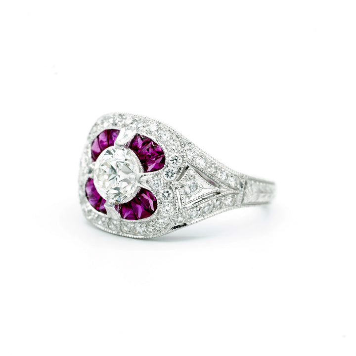 Art Deco Design Diamond Ruby 18K White Gold Ring