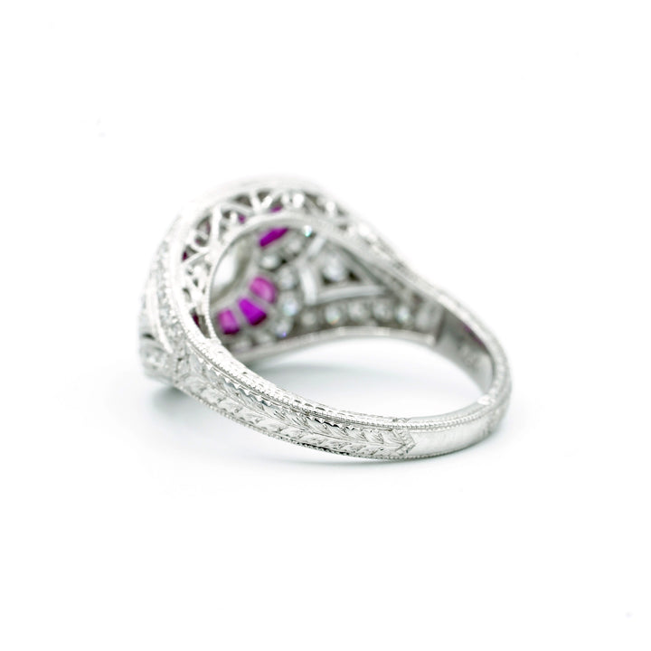Art Deco Design Diamond Ruby 18K White Gold Ring