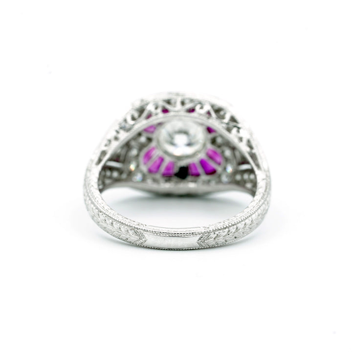 Art Deco Design Diamond Ruby 18K White Gold Ring
