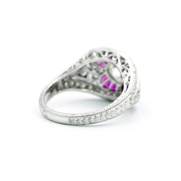 Art Deco Design Diamond Ruby 18K White Gold Ring