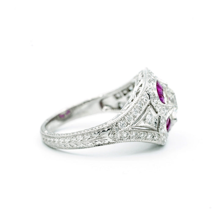 Art Deco Design Diamond Ruby 18K White Gold Ring