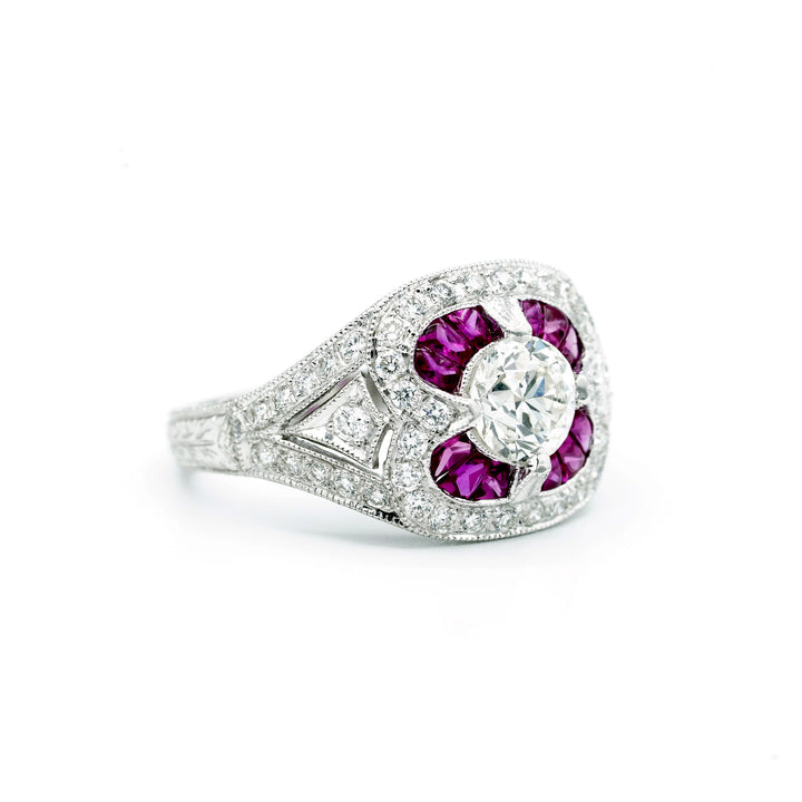 Art Deco Design Diamond Ruby 18K White Gold Ring