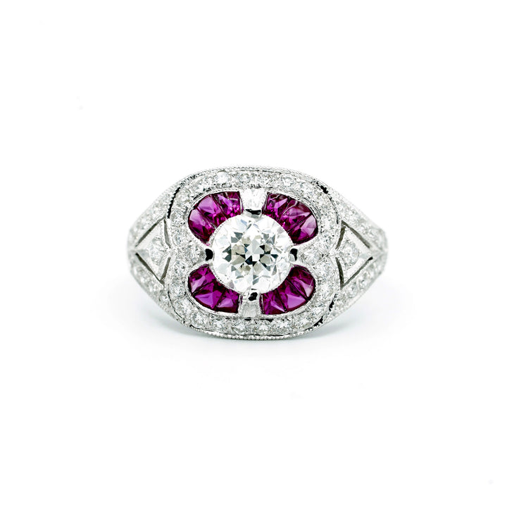 Art Deco Design Diamond Ruby 18K White Gold Ring