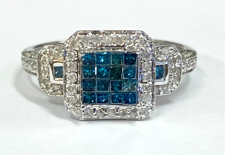 Blue & Colorless Diamond 14K White Gold Ring
