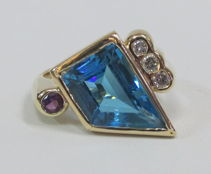 Blue Topaz Diamond Amethyst 14K Yellow Gold Ring