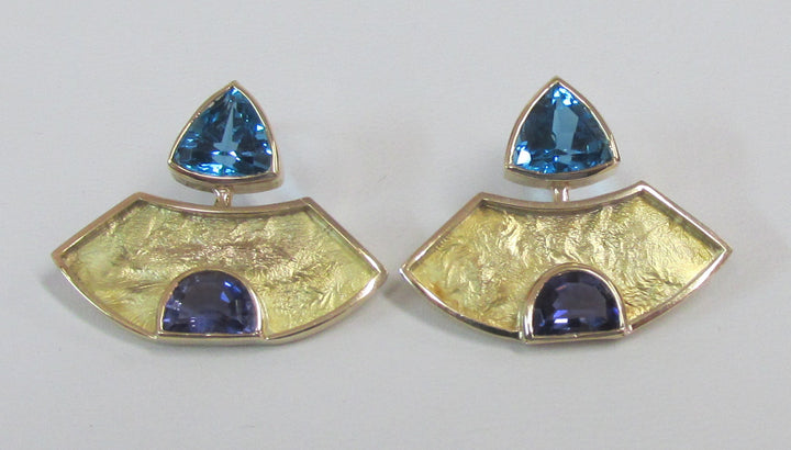 Designer Blue Topaz Lolite 14K Yellow Gold Earrings