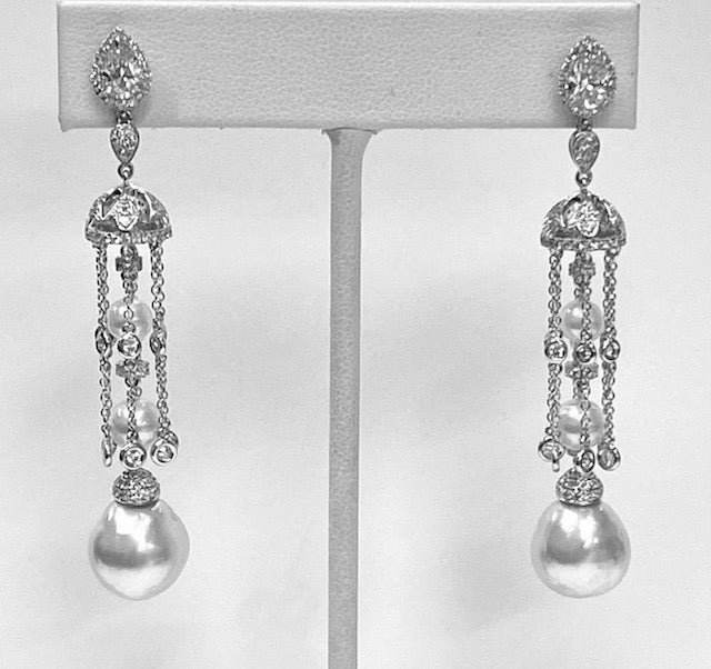 Diamond Pearl 18K White Gold Chandelier Drop Earrings