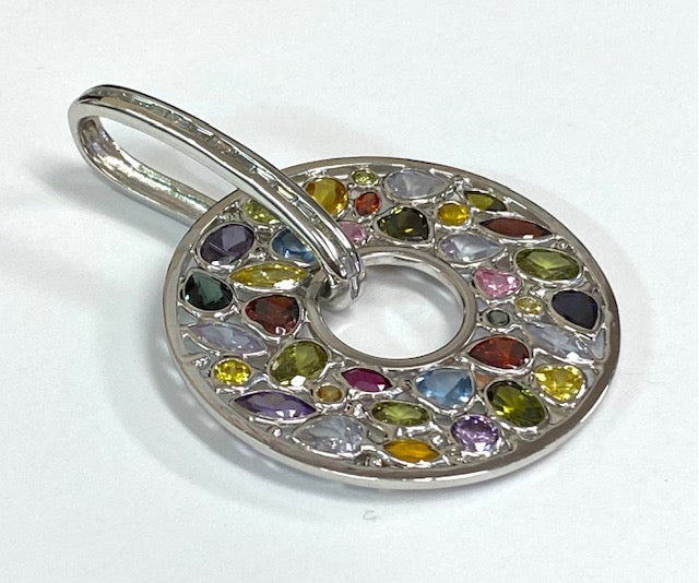 Diamond Multi Colored Stone 14K White Gold Circular Pendant
