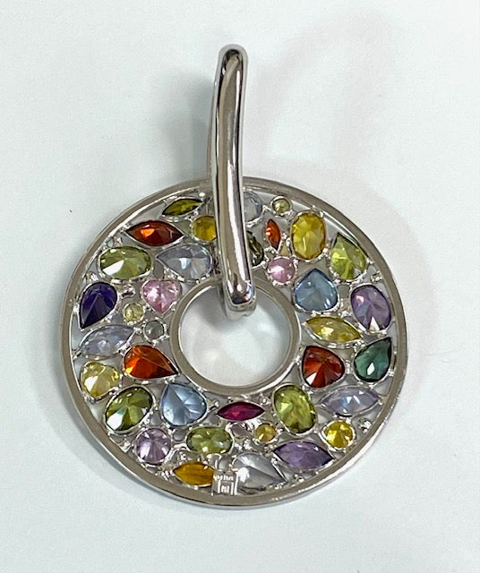 Diamond Multi Colored Stone 14K White Gold Circular Pendant