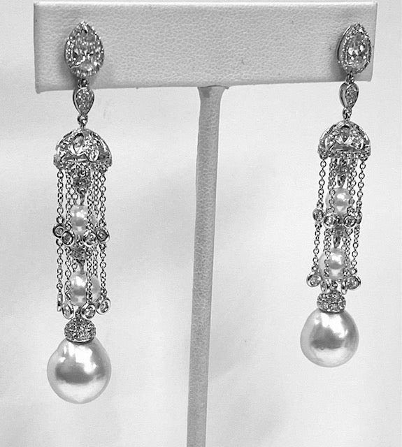 Diamond Pearl 18K White Gold Chandelier Drop Earrings