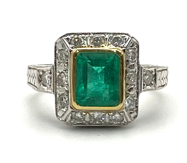 Emerald Diamond 18KWG & YG Art Deco Design Ring