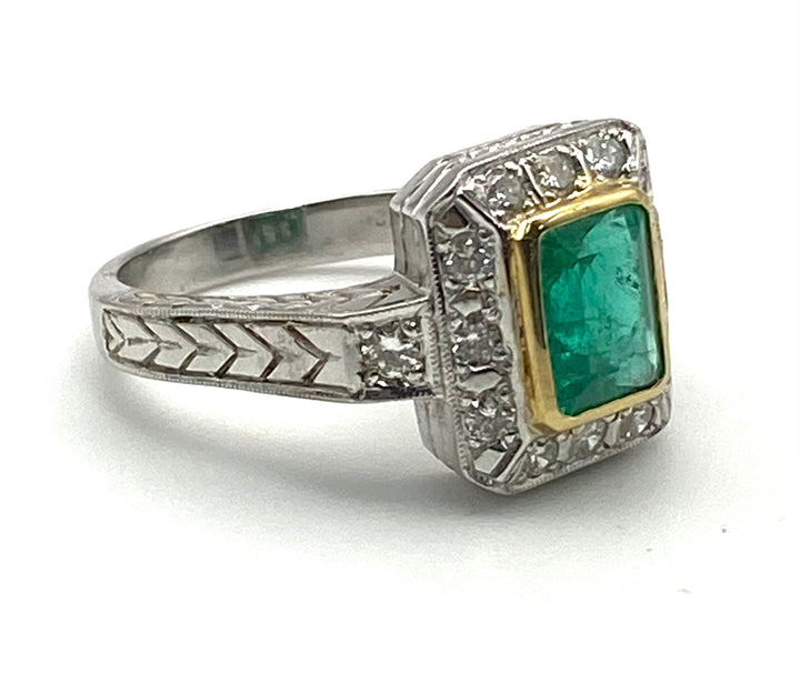 Emerald Diamond 18KWG & YG Art Deco Design Ring
