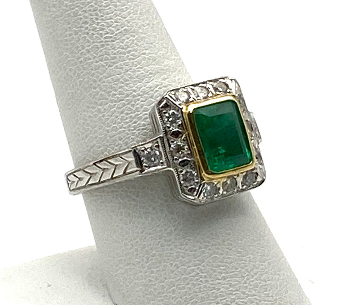 Emerald Diamond 18KWG & YG Art Deco Design Ring