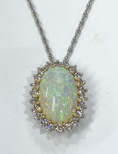 Fire Opal Diamond 18K White Gold & Yellow Gold Pendant & Chain