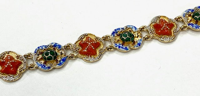 Starfish & Turtle 14K Yellow Gold Multi Colored Enamel Bracelet