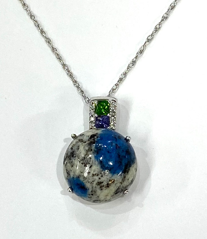 Azurite Diopside Lolite Diamond 14K Yellow Gold Pendant & Chain