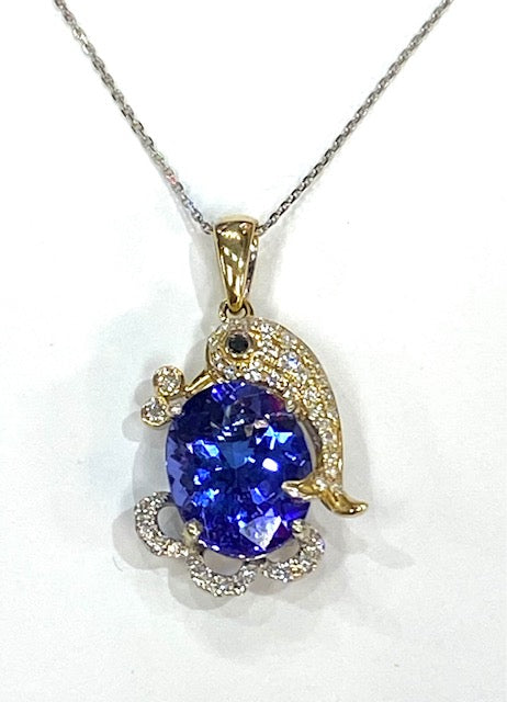Tanzanite Diamond 14K Dolphin Design Pendant & Chain