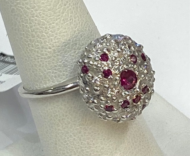 Ruby Diamond 18K White Gold Domed Ring