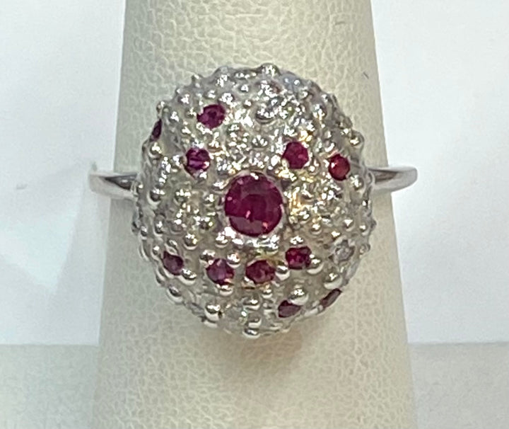 Ruby Diamond 18K White Gold Domed Ring