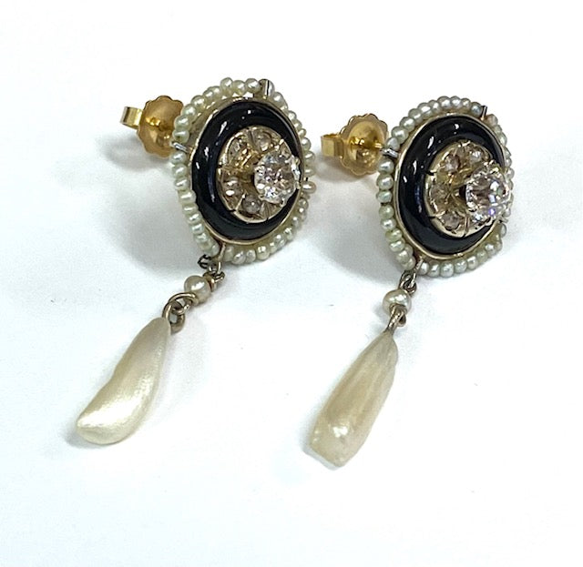 Victorian Diamond Onyx Seed Pearl 14KYG Drop Earrings