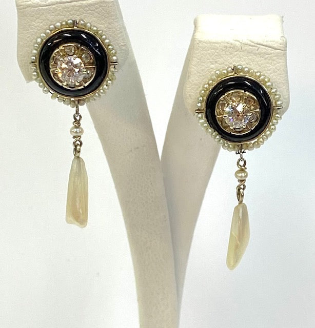 Victorian Diamond Onyx Seed Pearl 14KYG Drop Earrings
