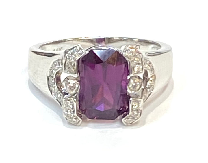 Rhodolite Garnet Diamond 14K White Gold Ring