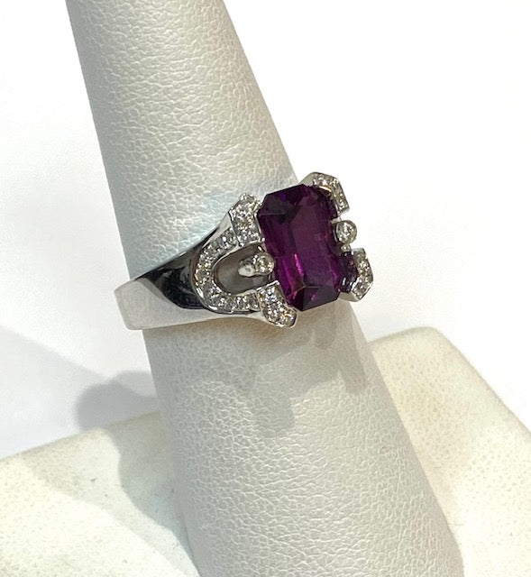 Rhodolite Garnet Diamond 14K White Gold Ring