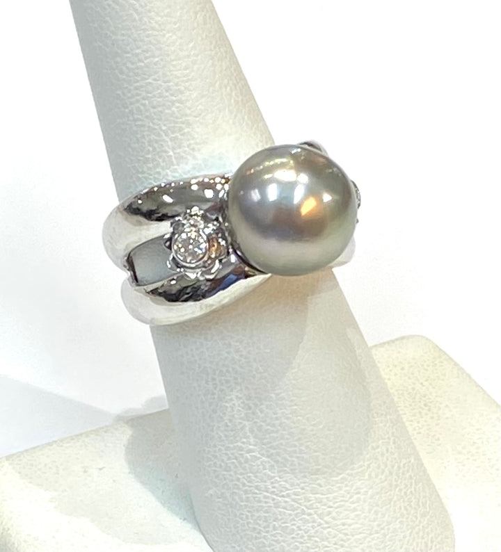South Sea Grayish Black Pearl Diamond 14K White Gold Ring
