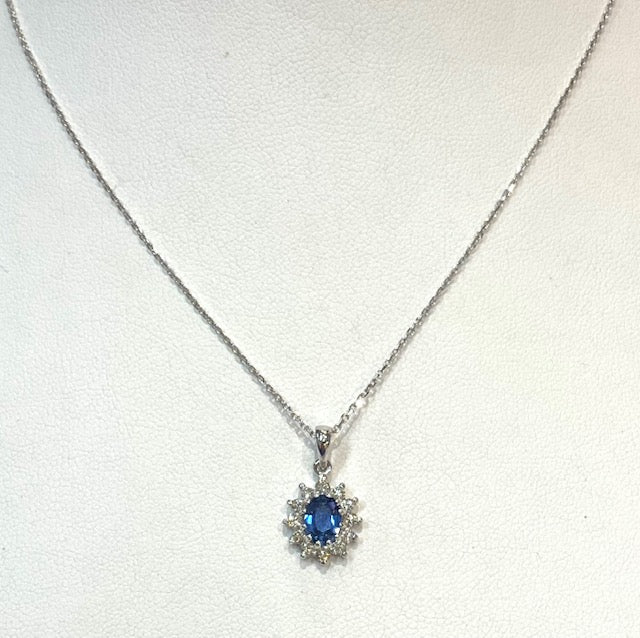 Sapphire Diamond 14K White Gold Pendant & Chain