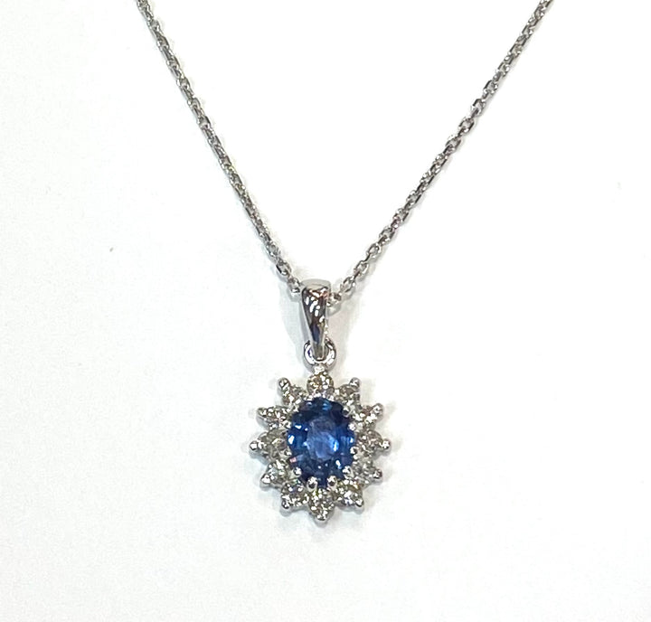 Sapphire Diamond 14K White Gold Pendant & Chain