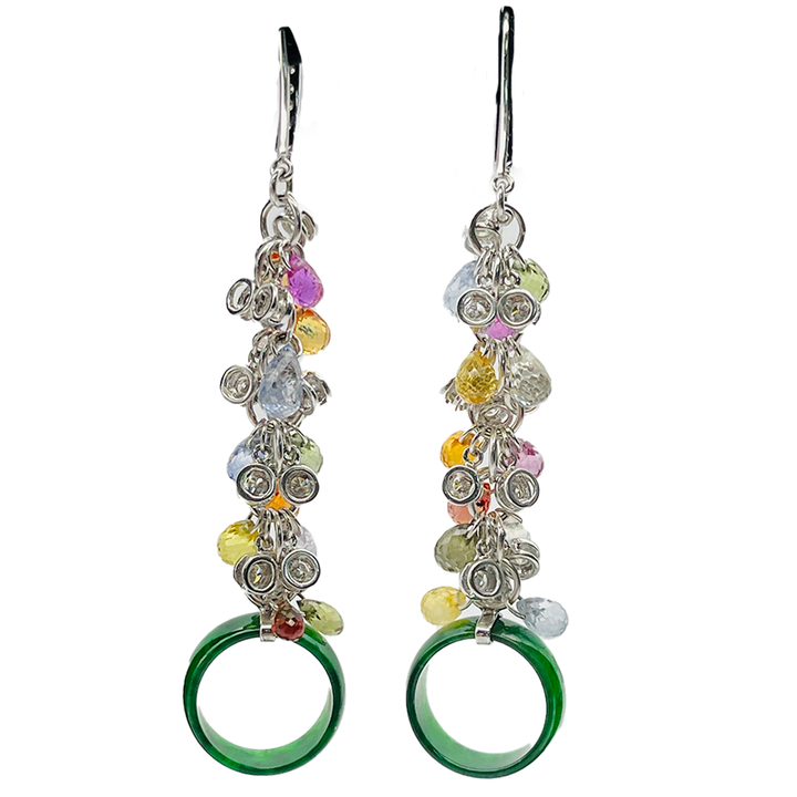 Jade Multi Gemstone 14K White Gold Drop Earrings