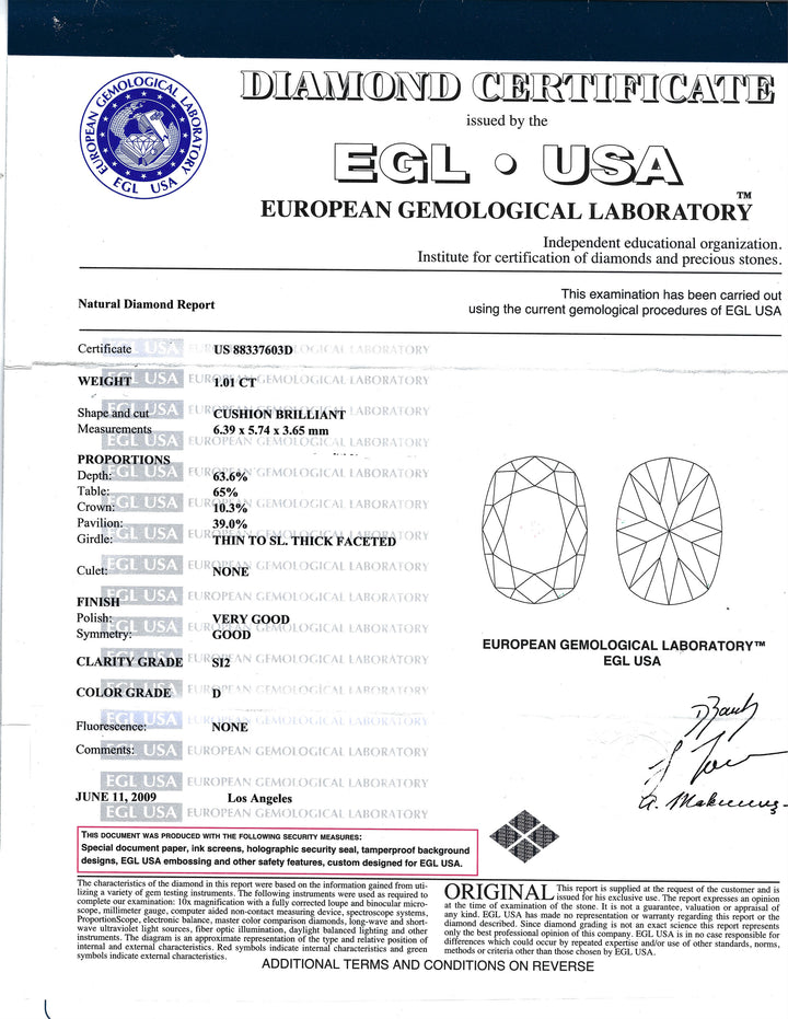 1.01 Carat Cushion Brilliant Cut SI2 D EGL 18K WG Ring
