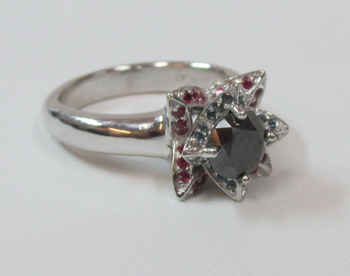 Lady’s Black Diamond Ruby Floral Design Ring