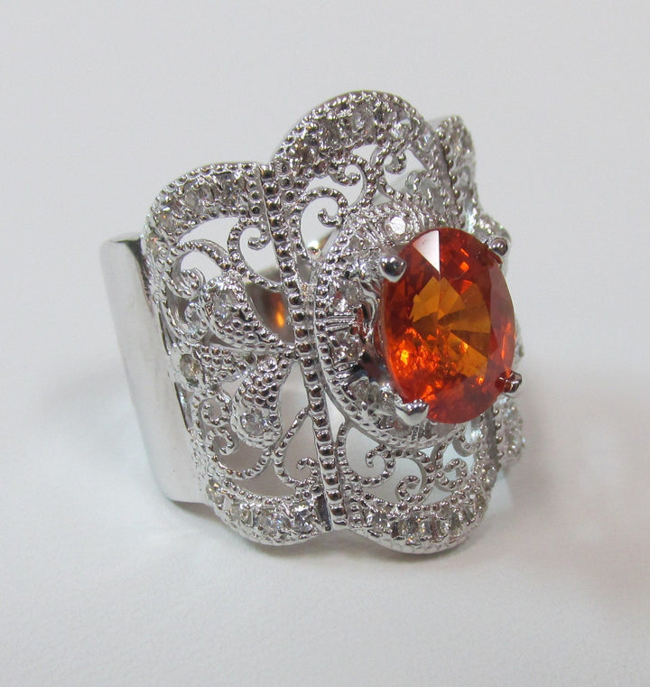 Lady’s Spessartite Garnet Diamond 14K White Gold Ring