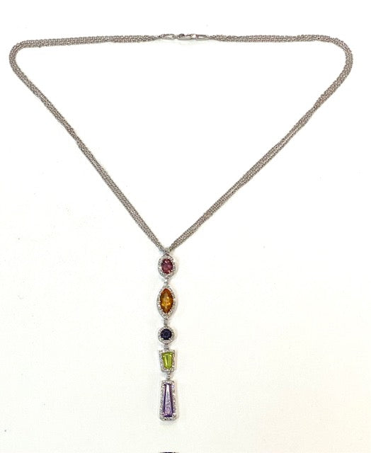 Multi Colored Gemstone Diamond 14K White Gold Pendant & Chain