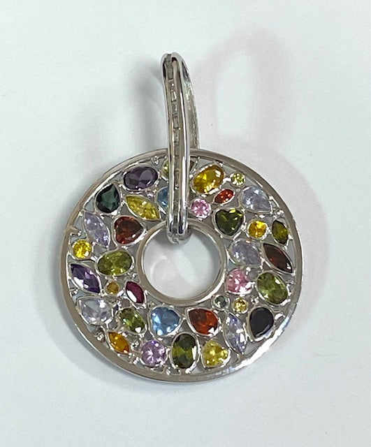 Diamond Multi Colored Stone 14K White Gold Circular Pendant